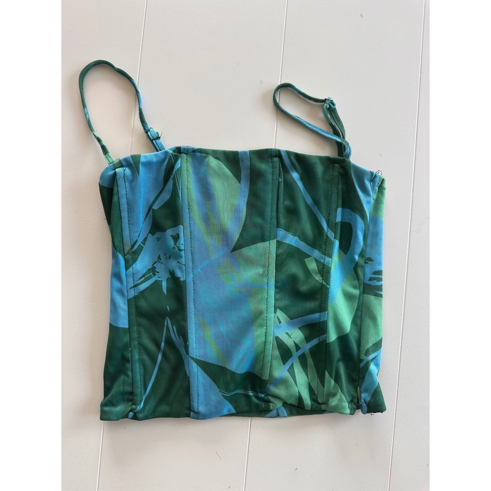 Tiger Mist Green Blue Abstract Mesh Corset Top Adjustable Straps XS